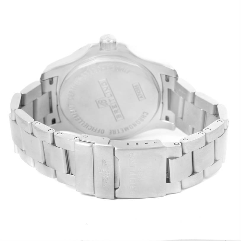 The image shows the back view of a Breitling Colt A74388 Men
s Stainless Steel Blue Dial A74388 Men
s Stainless Steel Blue Dial watch, highlighting the case back and the metal bracelet with the clasp.