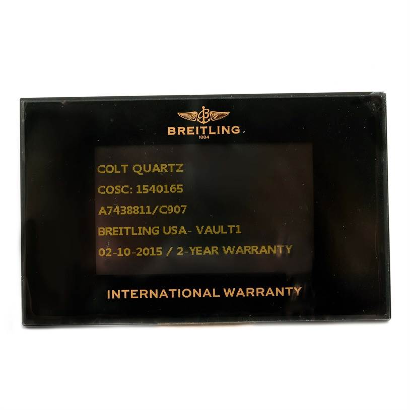 This is an international warranty card for the Breitling Colt A74388 Men
s Stainless Steel Blue Dial A74388 Men
s Stainless Steel Blue Dial Quartz watch model.