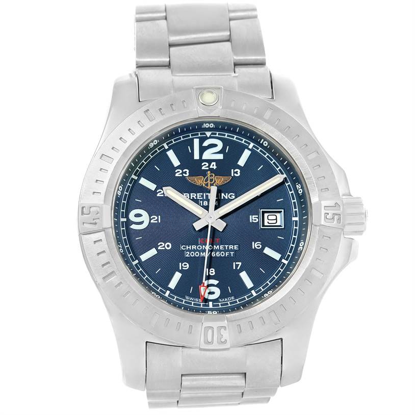 The image shows a frontal view of a Breitling Colt A74388 Men
s Stainless Steel Blue Dial A74388 Men
s Stainless Steel Blue Dial watch, displaying the dial, bezel, and bracelet clearly.