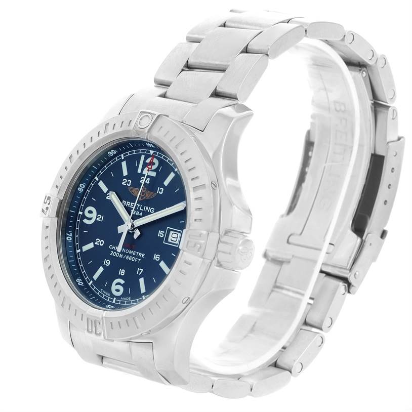 The image shows a side angle of the Breitling Colt A74388 Men
s Stainless Steel Blue Dial A74388 Men
s Stainless Steel Blue Dial watch, highlighting its blue dial, stainless steel case, and bracelet.