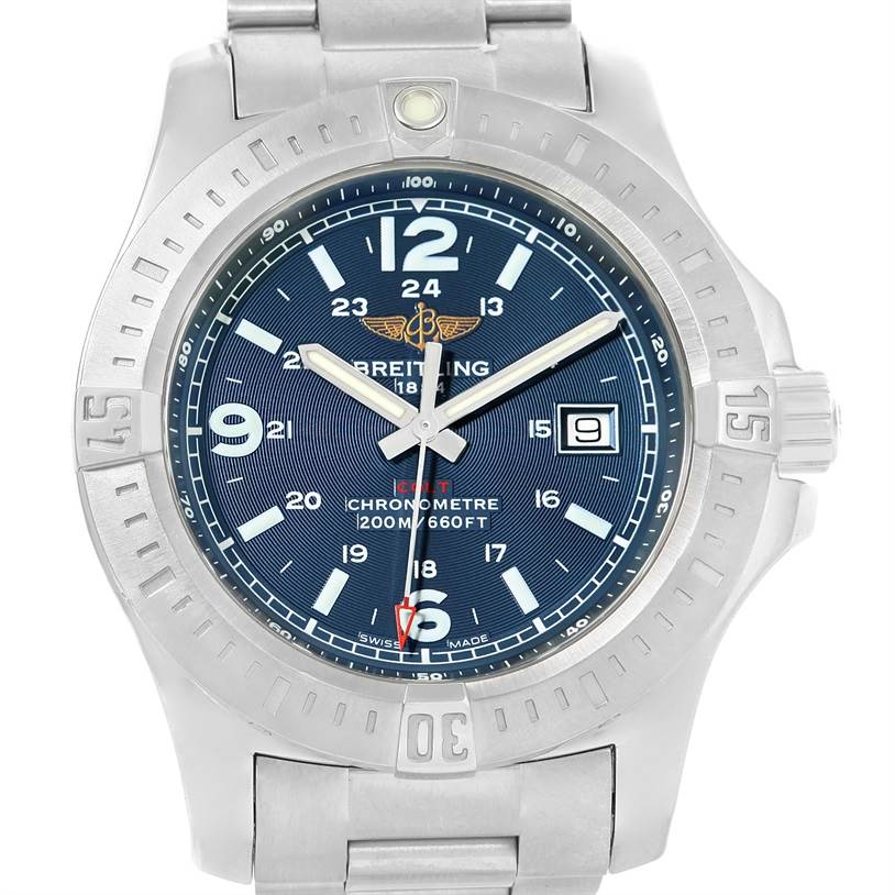 The Breitling Colt A74388 Men
s Stainless Steel Blue Dial A74388 Men
s Stainless Steel Blue Dial watch is shown from a front angle, highlighting the dial, bezel, case, and part of the bracelet.