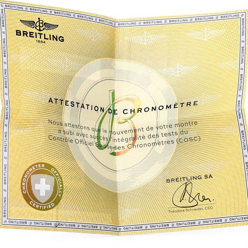 This image shows a "Breitling Colt A74388 Men
s Stainless Steel Blue Dial A74388 Men
s Stainless Steel Blue Dial" watch
s Chronometer certificate from COSC.