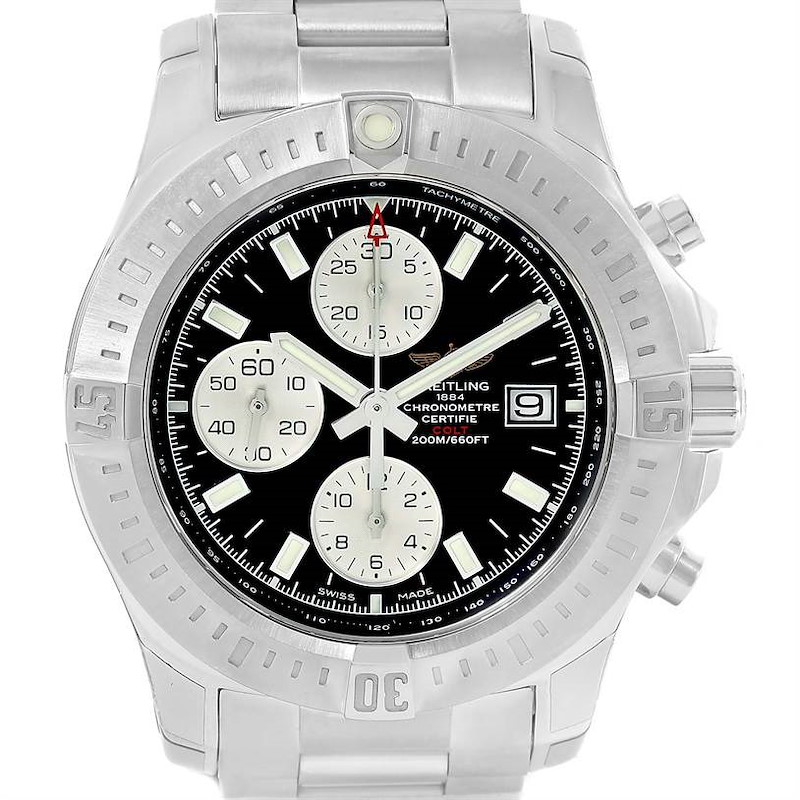 This image shows a front view of a Breitling Colt watch, displaying its stainless steel case, bezel, and bracelet with a black dial.