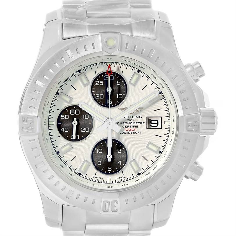 This image shows a front view of the Breitling Colt A13035 Men's Stainless Steel White Dial A13035 Men's Stainless Steel White Dial watch, highlighting its bezel, chronograph subdials, and date window.