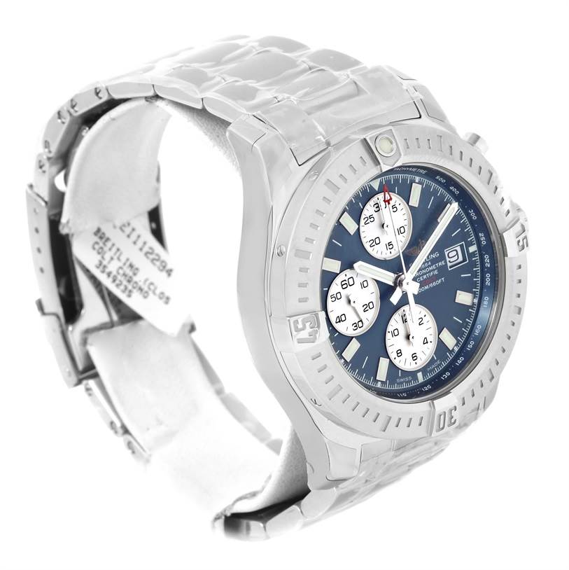 The Breitling Colt A13035 Men's Stainless Steel Blue Dial A13035 Men's Stainless Steel Blue Dial model watch is shown at a slight angle, displaying its face, bezel, crown, and part of the band.