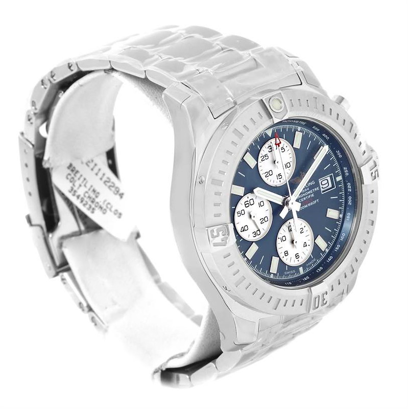 The Breitling Colt model watch is shown at a slight angle, displaying its face, bezel, crown, and part of the band.