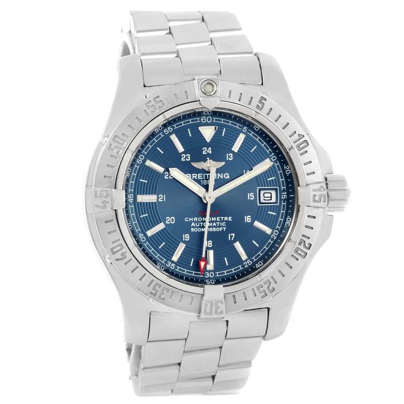 The image shows a front view of the Breitling Colt A17380 Men's Stainless Steel Blue Dial A17380 Men's Stainless Steel Blue Dial watch, highlighting its blue dial, bezel, and stainless steel bracelet.