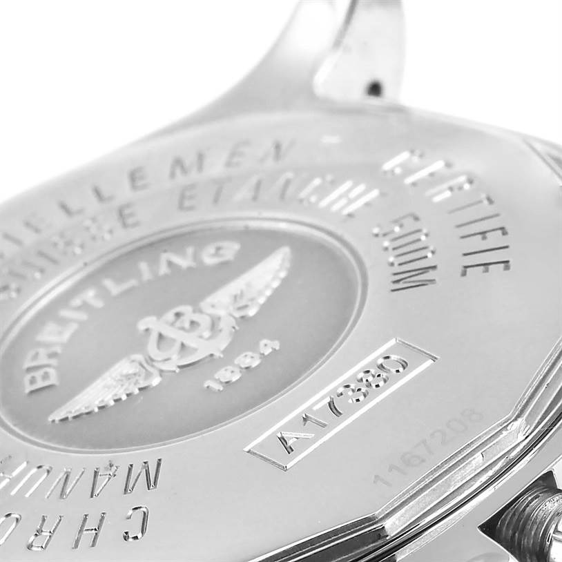 This image shows the back case of the Breitling Colt A17380 Men's Stainless Steel Black Dial A17380 Men's Stainless Steel Black Dial watch, highlighting the inscriptions and logo.