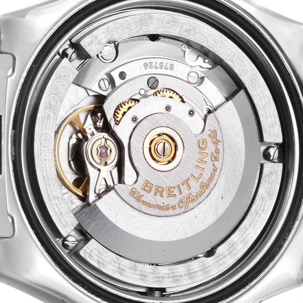 The image shows the movement mechanism of a Breitling Colt A17380 Men's Stainless Steel Silver Dial A17380 Men's Stainless Steel Silver Dial watch from the back, highlighting its intricate components.