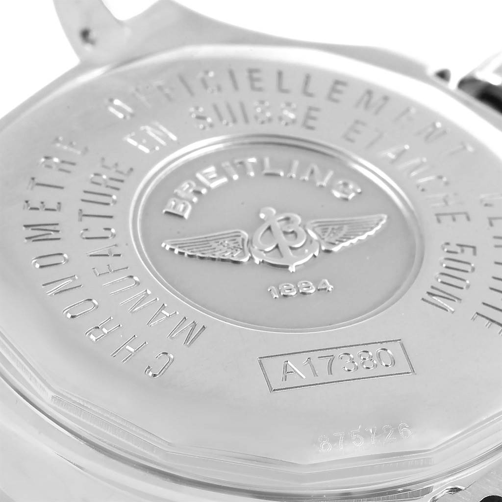 This image shows the case back of a Breitling Colt A17380 Men's Stainless Steel Silver Dial A17380 Men's Stainless Steel Silver Dial watch, featuring embossed branding and model details.