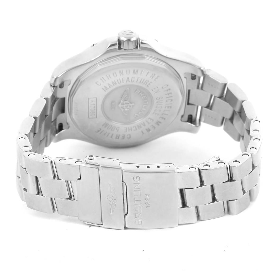 The image shows the back of a Breitling Colt A17380 Men's Stainless Steel Silver Dial A17380 Men's Stainless Steel Silver Dial watch, featuring the case back and bracelet clasp.