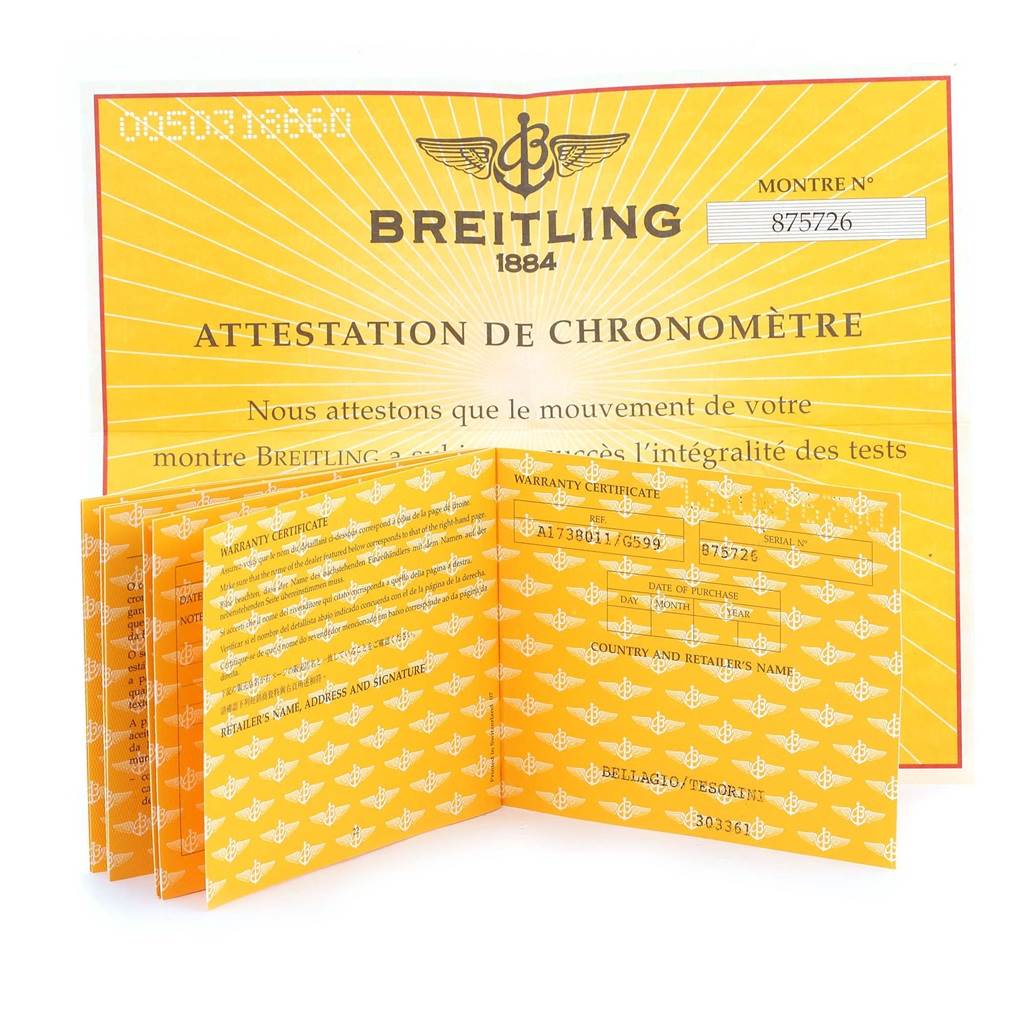 The image shows the warranty certificate for a Breitling Colt A17380 Men's Stainless Steel Silver Dial A17380 Men's Stainless Steel Silver Dial watch, displayed flat and open, with the brand's logo visible.