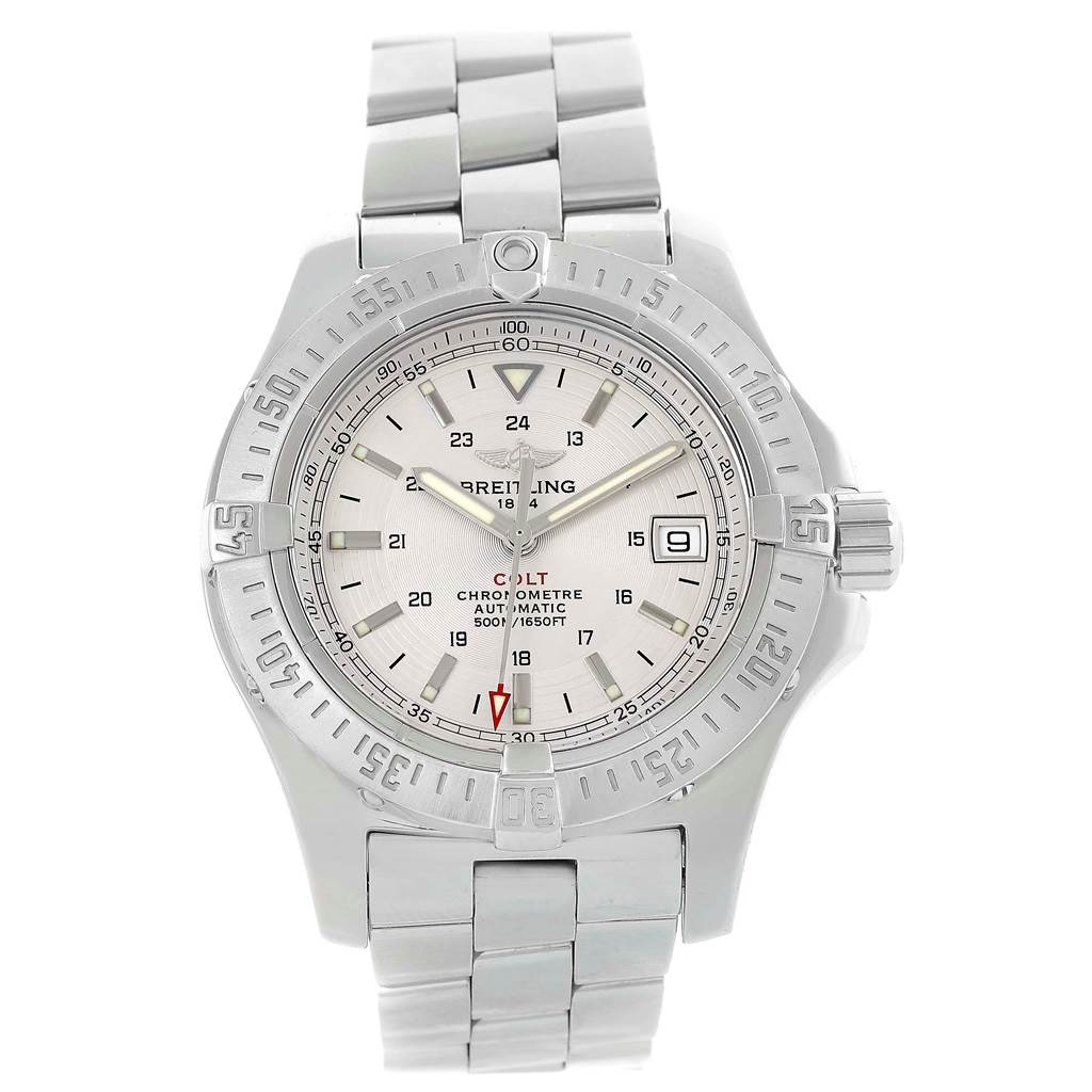 This image shows a front view of the Breitling Colt A17380 Men's Stainless Steel Silver Dial A17380 Men's Stainless Steel Silver Dial watch, featuring the dial, bezel, crown, and stainless steel bracelet.