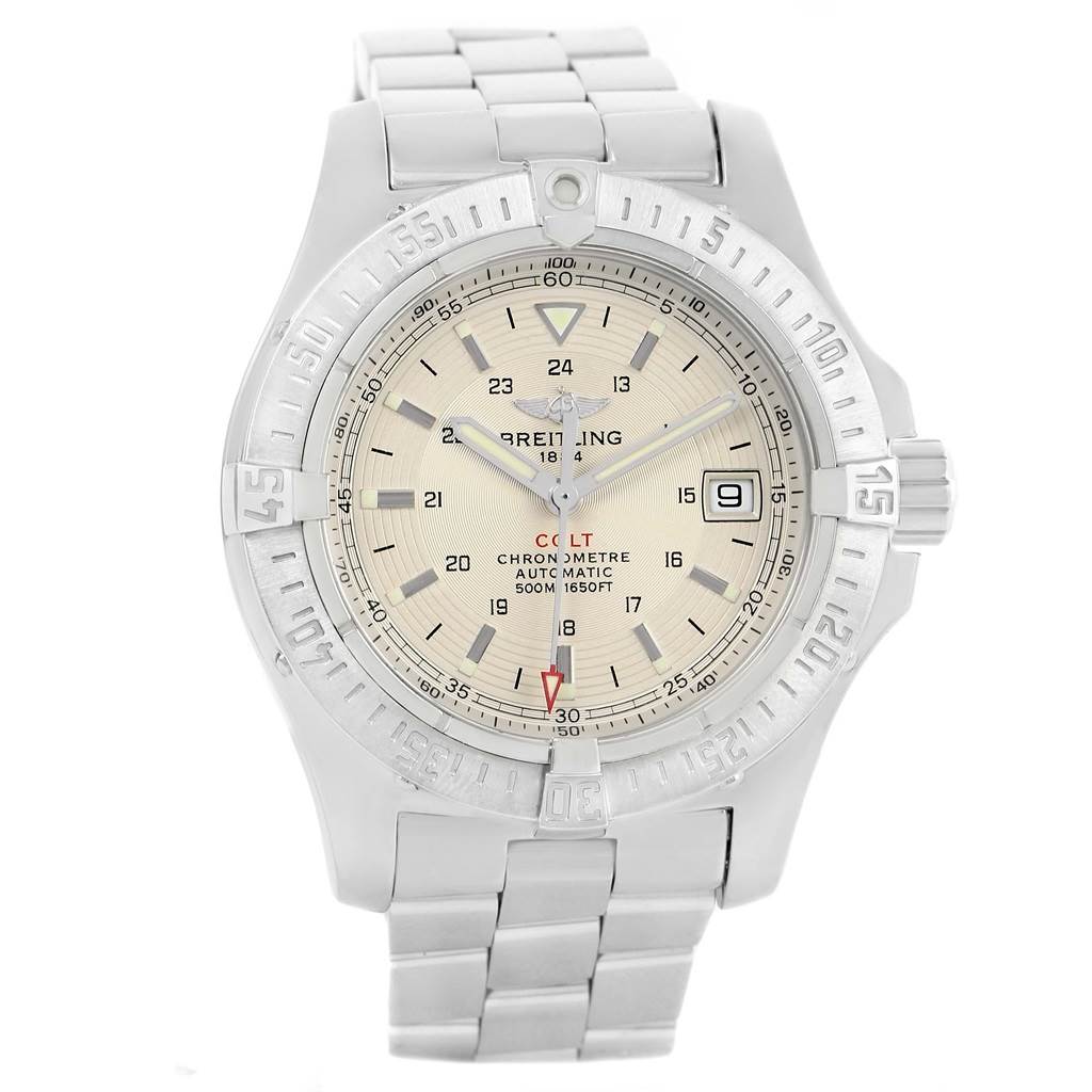The image shows a frontal view of the Breitling Colt A17380 Men
s Stainless Steel Silver Dial A17380 Men
s Stainless Steel Silver Dial watch, with its dial, bezel, and part of the metal bracelet visible.