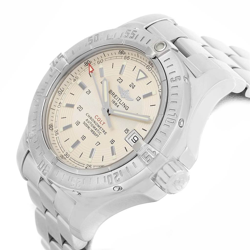 The image shows a close-up, angled view of the dial, bezel, and bracelet of the Breitling Colt A17380 Men
s Stainless Steel Silver Dial A17380 Men
s Stainless Steel Silver Dial watch.