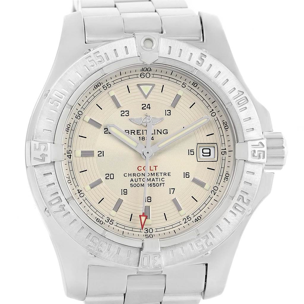 This Breitling Colt A17380 Men
s Stainless Steel Silver Dial A17380 Men
s Stainless Steel Silver Dial watch is shown in a close-up frontal view, displaying the face, bezel, and part of the band.