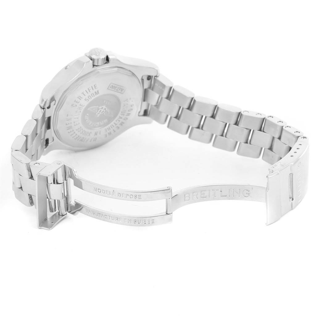 The image shows the open clasp and rear case of a Breitling Colt A17380 Men
s Stainless Steel Silver Dial A17380 Men
s Stainless Steel Silver Dial watch, focusing on the bracelet and engraved branding.
