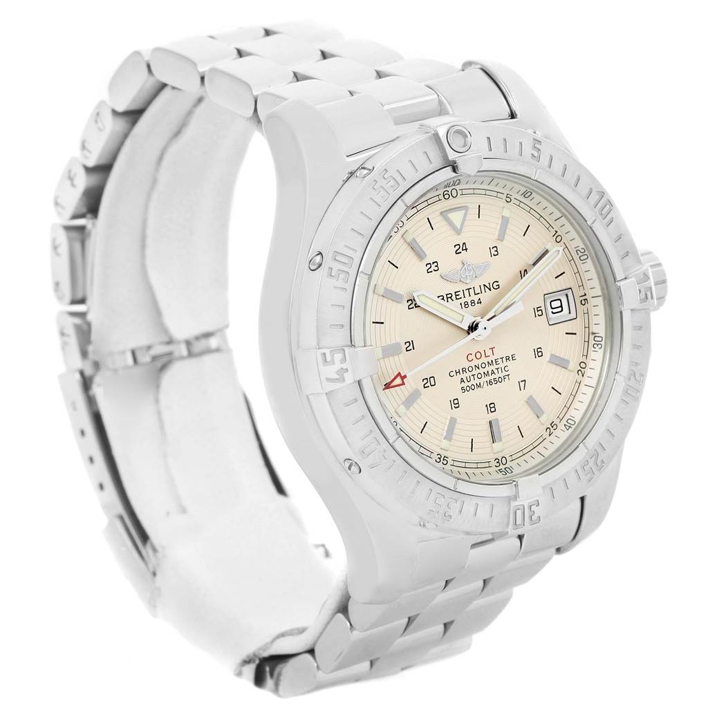 The image shows a side angle of the Breitling Colt A17380 Men
s Stainless Steel Silver Dial A17380 Men
s Stainless Steel Silver Dial watch, highlighting the face, bezel, and part of the metal strap.