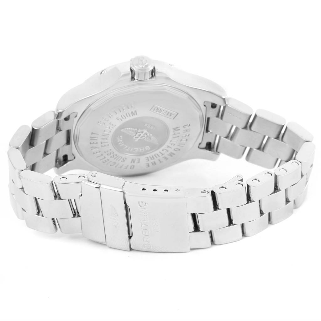 The image showcases the back and bracelet of a Breitling Colt A17380 Men
s Stainless Steel Silver Dial A17380 Men
s Stainless Steel Silver Dial watch, with the clasp and case back details clearly visible.
