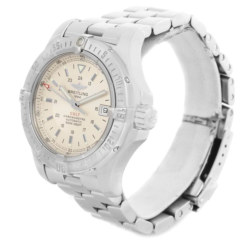 The image shows a Breitling Colt A17380 Men
s Stainless Steel Silver Dial A17380 Men
s Stainless Steel Silver Dial watch at a three-quarter angle, highlighting the dial, bezel, and metal bracelet.