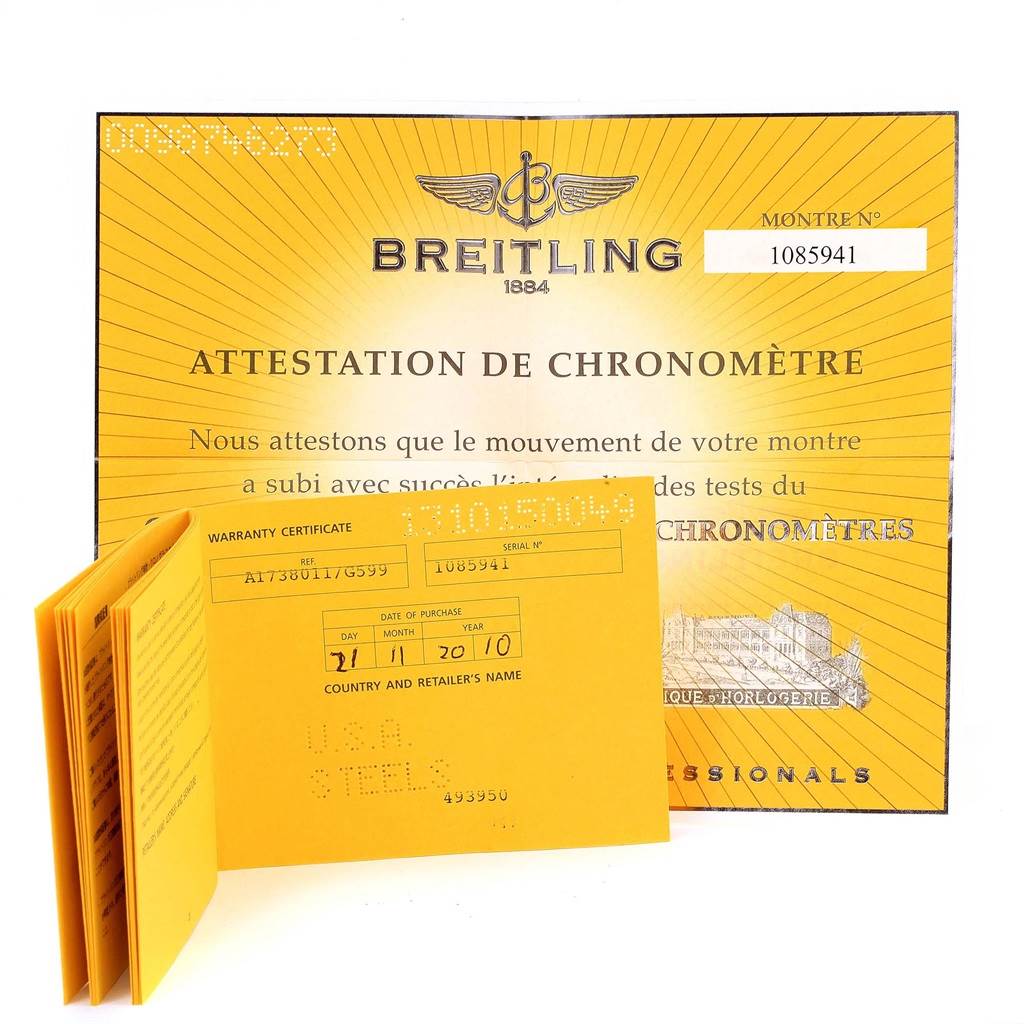 The image shows warranty certificates and chronometer certification for the Breitling Colt A17380 Men
s Stainless Steel Silver Dial A17380 Men
s Stainless Steel Silver Dial watch model.