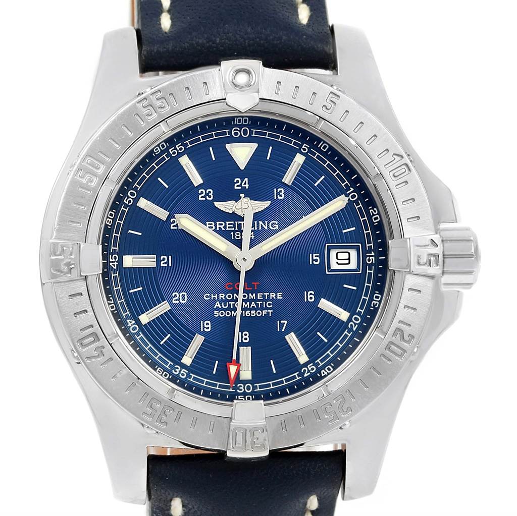The image shows a front view of a Breitling Colt A17380 Men's Stainless Steel Blue Dial A17380 Men's Stainless Steel Blue Dial watch displaying its dial, bezel, and part of the strap.