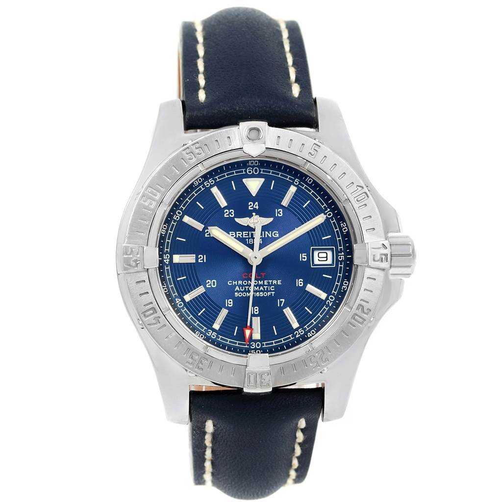 The Breitling Colt A17380 Men's Stainless Steel Blue Dial A17380 Men's Stainless Steel Blue Dial watch is shown from a front angle, displaying the face, bezel, and blue leather strap.
