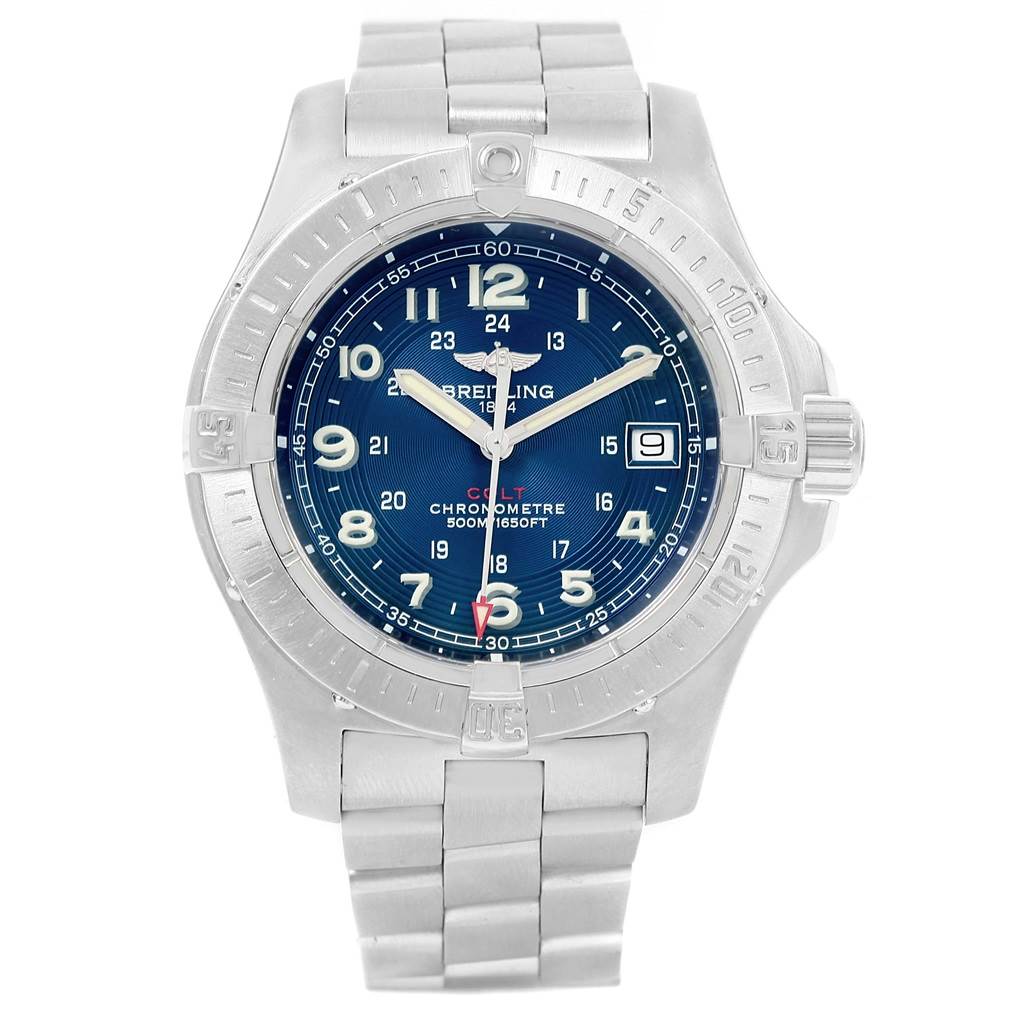 The image shows a front view of a Breitling Colt A74380 Men's Stainless Steel Blue Dial A74380 Men's Stainless Steel Blue Dial watch featuring its blue dial, stainless steel case, and bracelet.