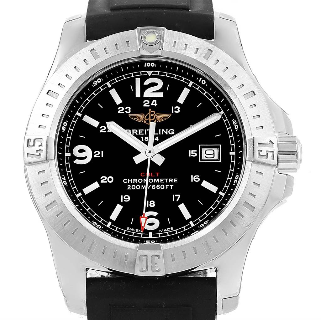The image displays a front view of a Breitling Colt A74388 Men
s Stainless Steel Black Dial A74388 Men
s Stainless Steel Black Dial watch showing the dial, bezel, crown, and part of the strap.