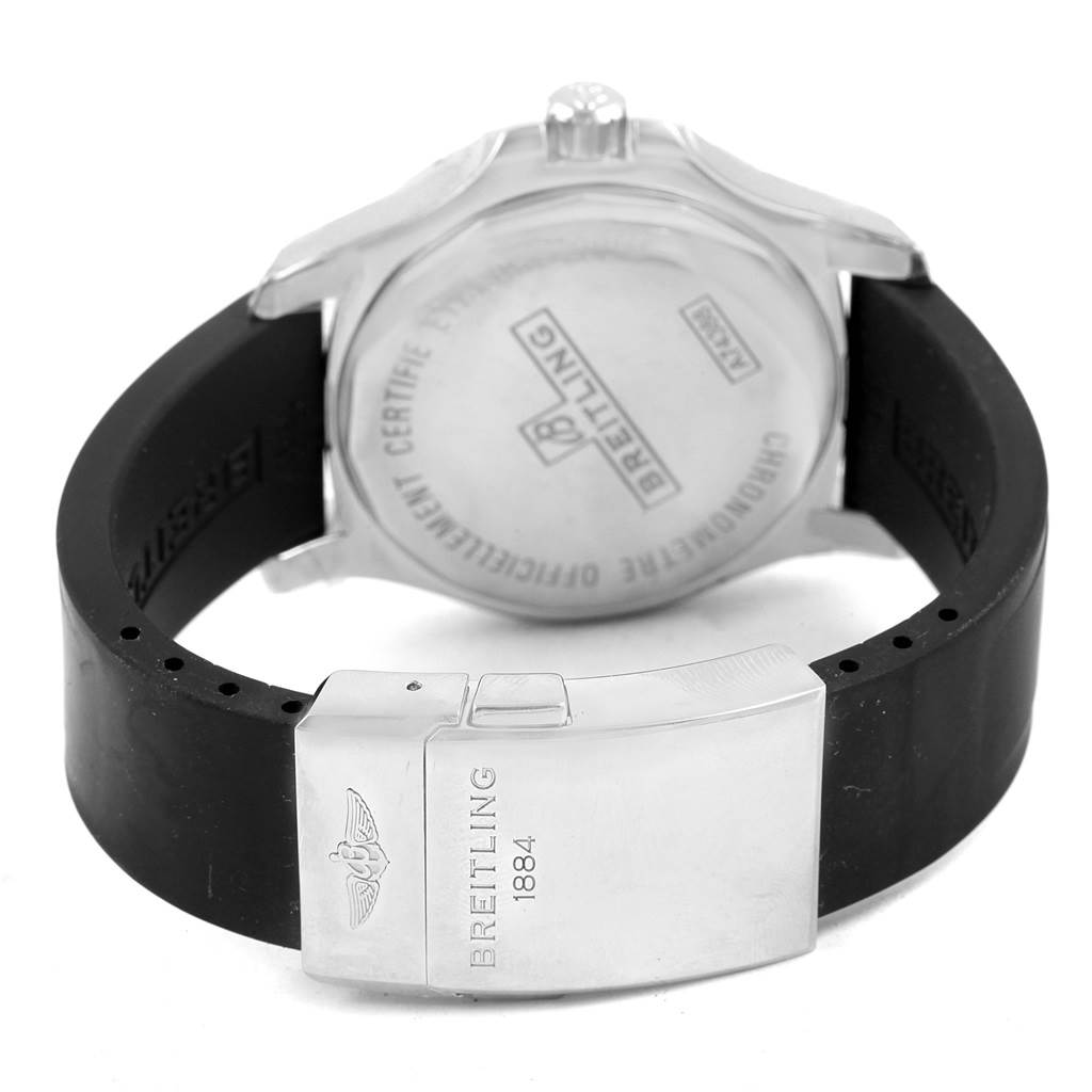 The image shows the back case and clasp of the Breitling Colt A74388 Men
s Stainless Steel Black Dial A74388 Men
s Stainless Steel Black Dial watch, focusing on the brand details and rubber strap.