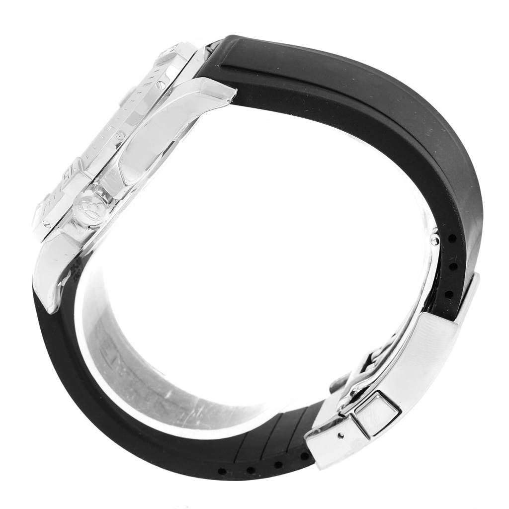 This side-angle view of the Breitling Colt A74388 Men
s Stainless Steel Black Dial A74388 Men
s Stainless Steel Black Dial watch highlights the case, bezel, and strap.