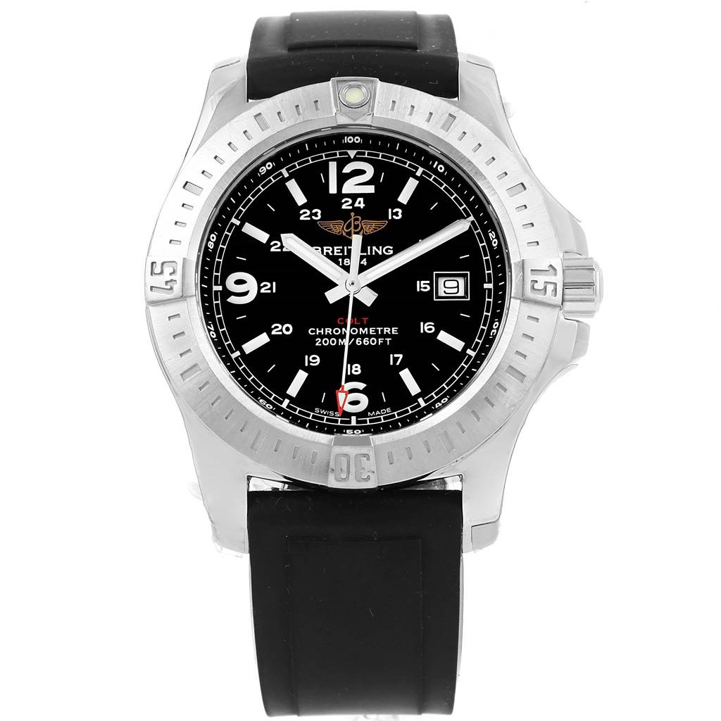 The image shows the front view of a Breitling Colt A74388 Men
s Stainless Steel Black Dial A74388 Men
s Stainless Steel Black Dial watch with a black rubber strap and a black dial.
