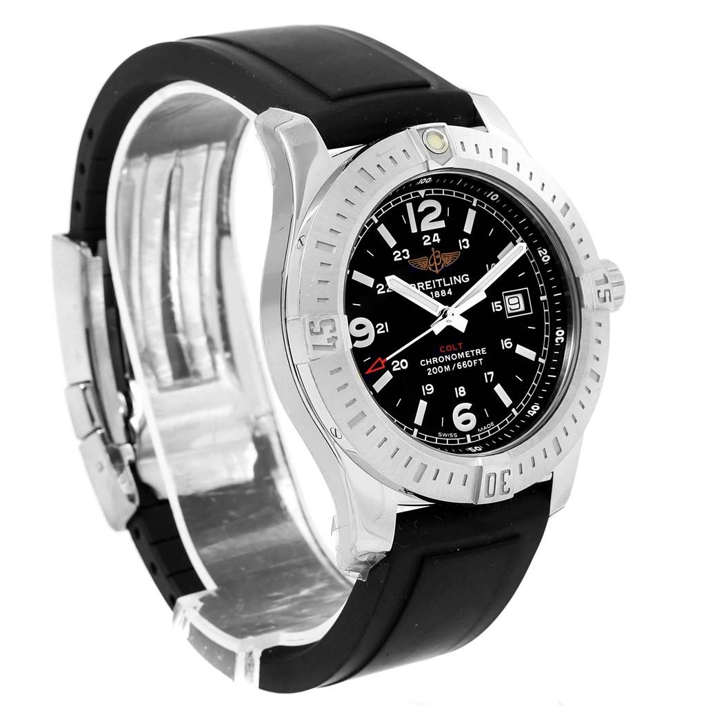 The Breitling Colt A74388 Men
s Stainless Steel Black Dial A74388 Men
s Stainless Steel Black Dial watch is shown at a slight angle, displaying the face, bezel, and black strap.