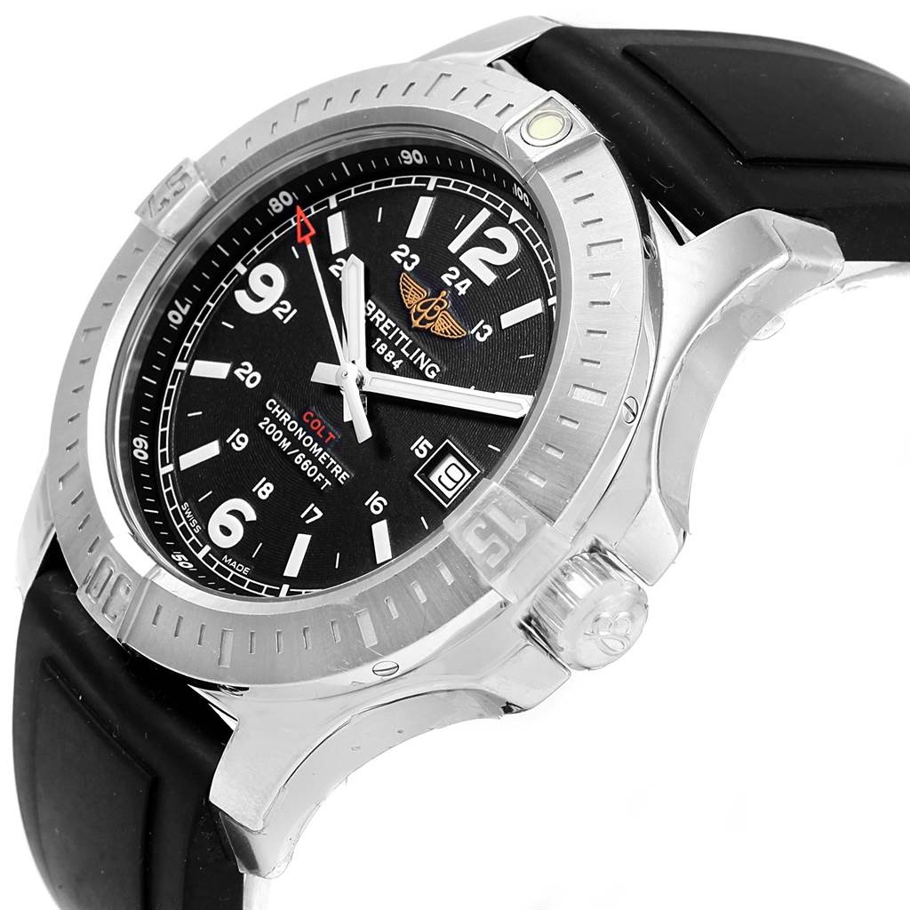 The image shows a side profile view of the Breitling Colt A74388 Men
s Stainless Steel Black Dial A74388 Men
s Stainless Steel Black Dial watch, highlighting its bezel, face, crown, and strap.