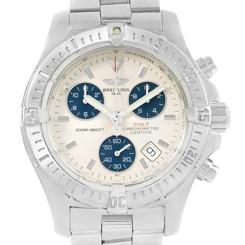 Breitling Colt Chronograph Blue Subdials Steel Mens Watch A73380 SwissWatchExpo