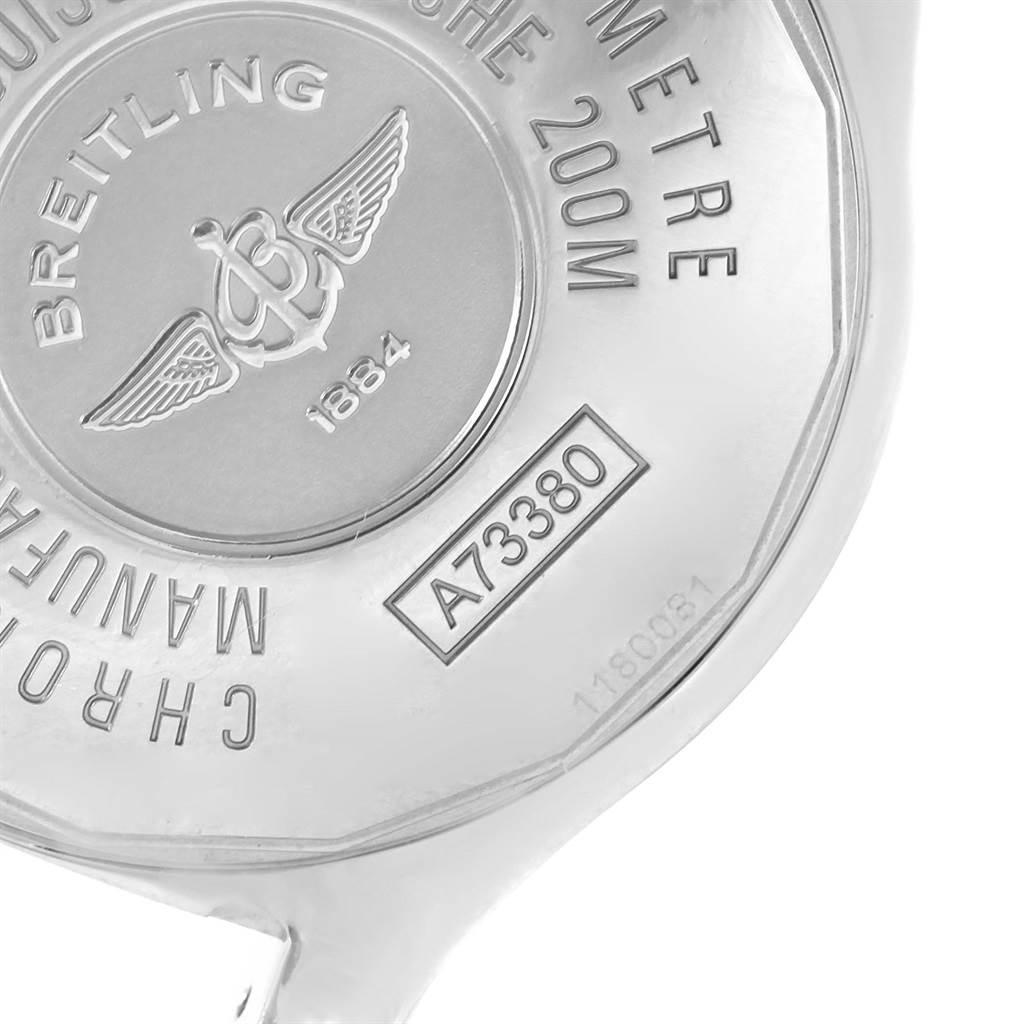 This image shows the back case of the Breitling Colt A73380 Men
s Stainless Steel White Dial A73380 Men
s Stainless Steel White Dial watch, displaying the model number and specifications.
