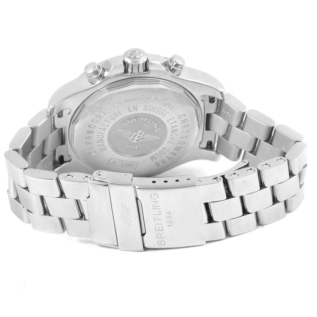 This image shows the back and bracelet of the Breitling Colt A73380 Men
s Stainless Steel White Dial A73380 Men
s Stainless Steel White Dial watch, highlighting the case back and clasp.