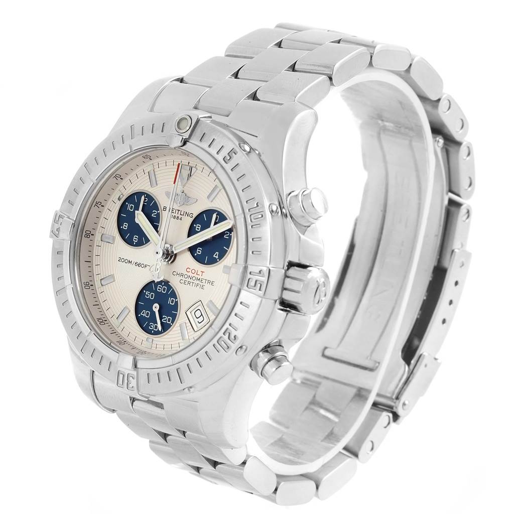 The Breitling Colt A73380 Men
s Stainless Steel White Dial A73380 Men
s Stainless Steel White Dial watch is shown at a front angle, displaying its full bezel, dial, and metal bracelet.