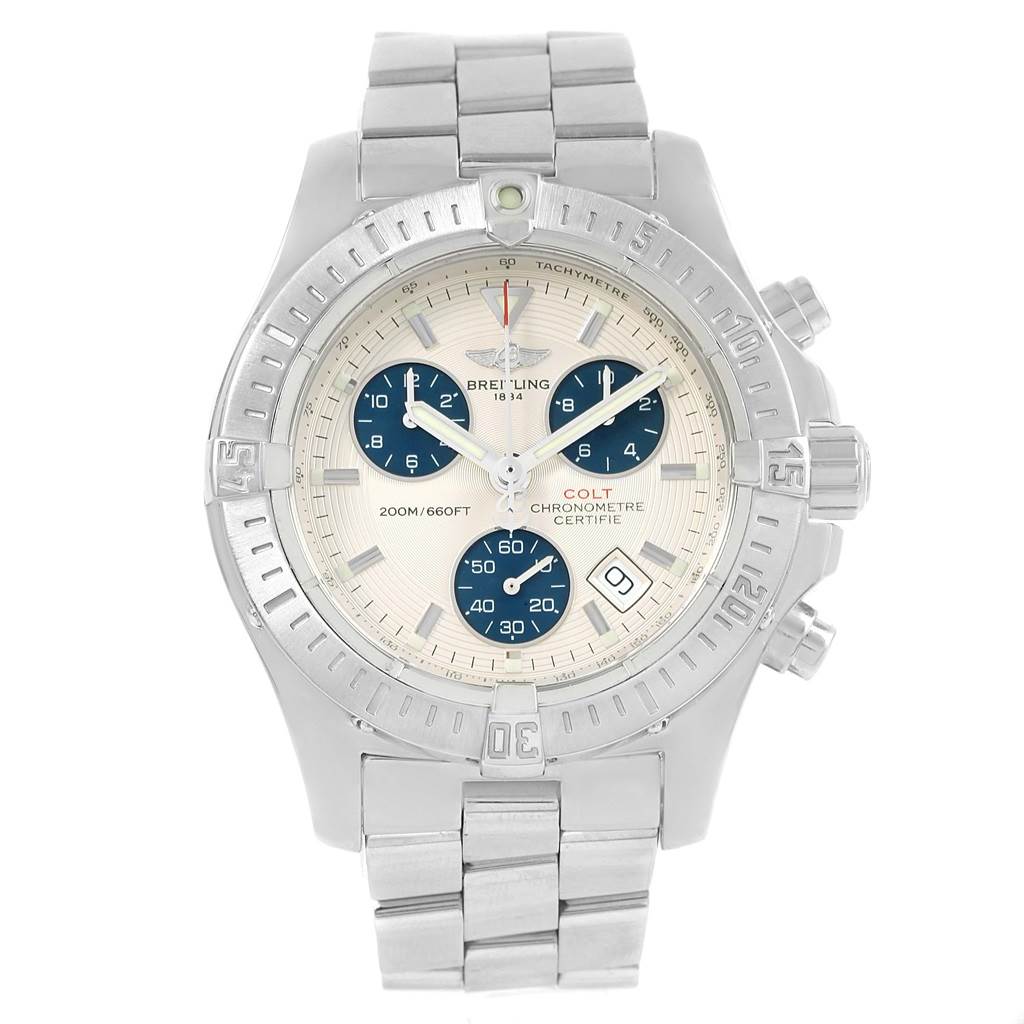 The Breitling Colt A73380 Men
s Stainless Steel White Dial A73380 Men
s Stainless Steel White Dial watch is shown from a front view, highlighting its face, bezel, and stainless steel bracelet.