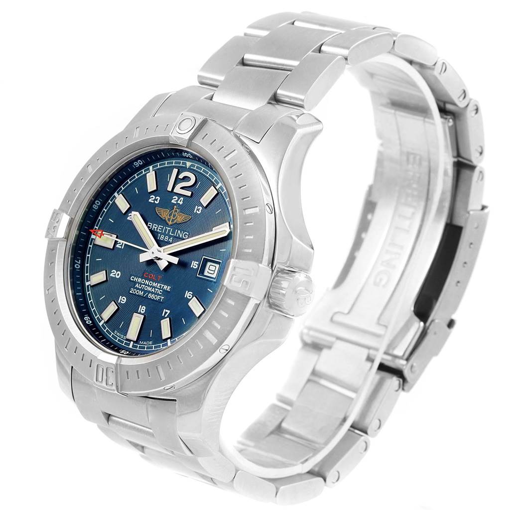 The image shows a Breitling Colt A17388 Men
s Stainless Steel Blue Dial A17388 Men
s Stainless Steel Blue Dial watch from an angled side view, highlighting its bezel, dial, and bracelet.