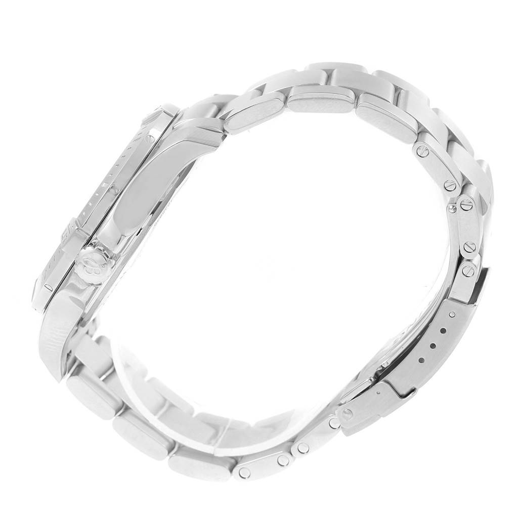 This image shows a side view of the Breitling Colt A17388 Men
s Stainless Steel Blue Dial A17388 Men
s Stainless Steel Blue Dial watch focusing on its stainless steel bracelet and clasp.