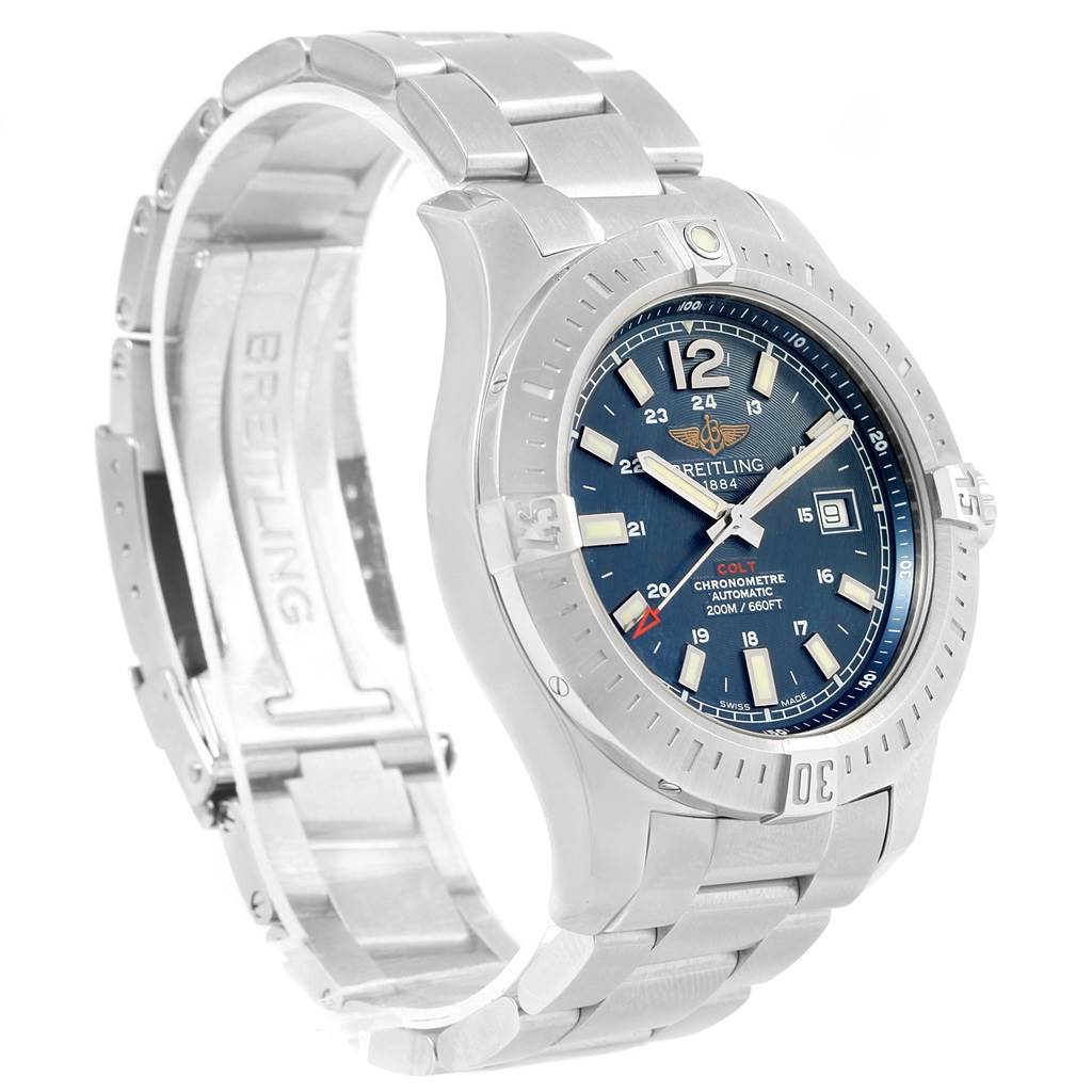The image shows a Breitling Colt A17388 Men
s Stainless Steel Blue Dial A17388 Men
s Stainless Steel Blue Dial watch at a slight angle, highlighting the face, bezel, and part of the bracelet.