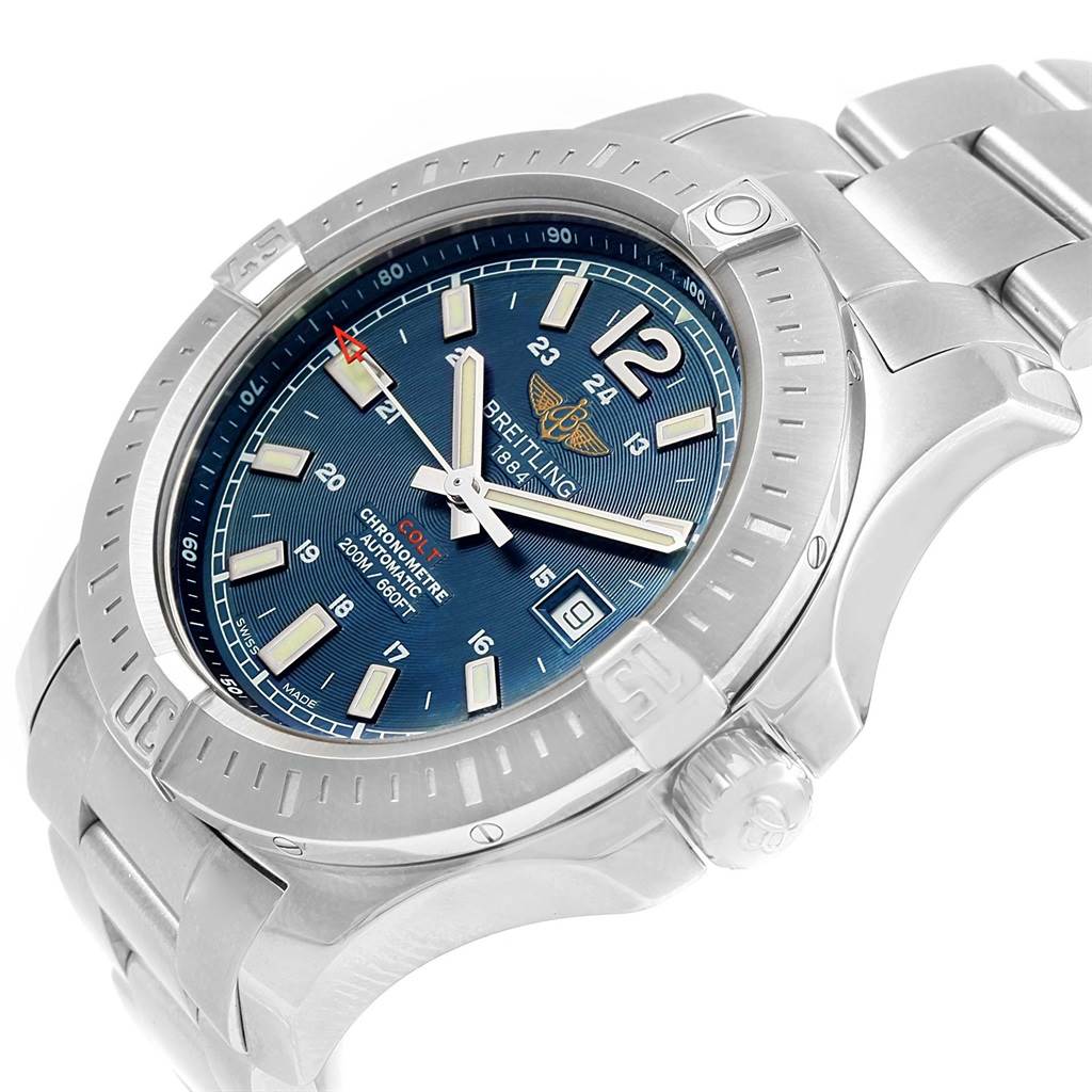 This image shows a Breitling Colt A17388 Men
s Stainless Steel Blue Dial A17388 Men
s Stainless Steel Blue Dial watch at a slight angle, highlighting the blue dial, bezel, case, and part of the bracelet.