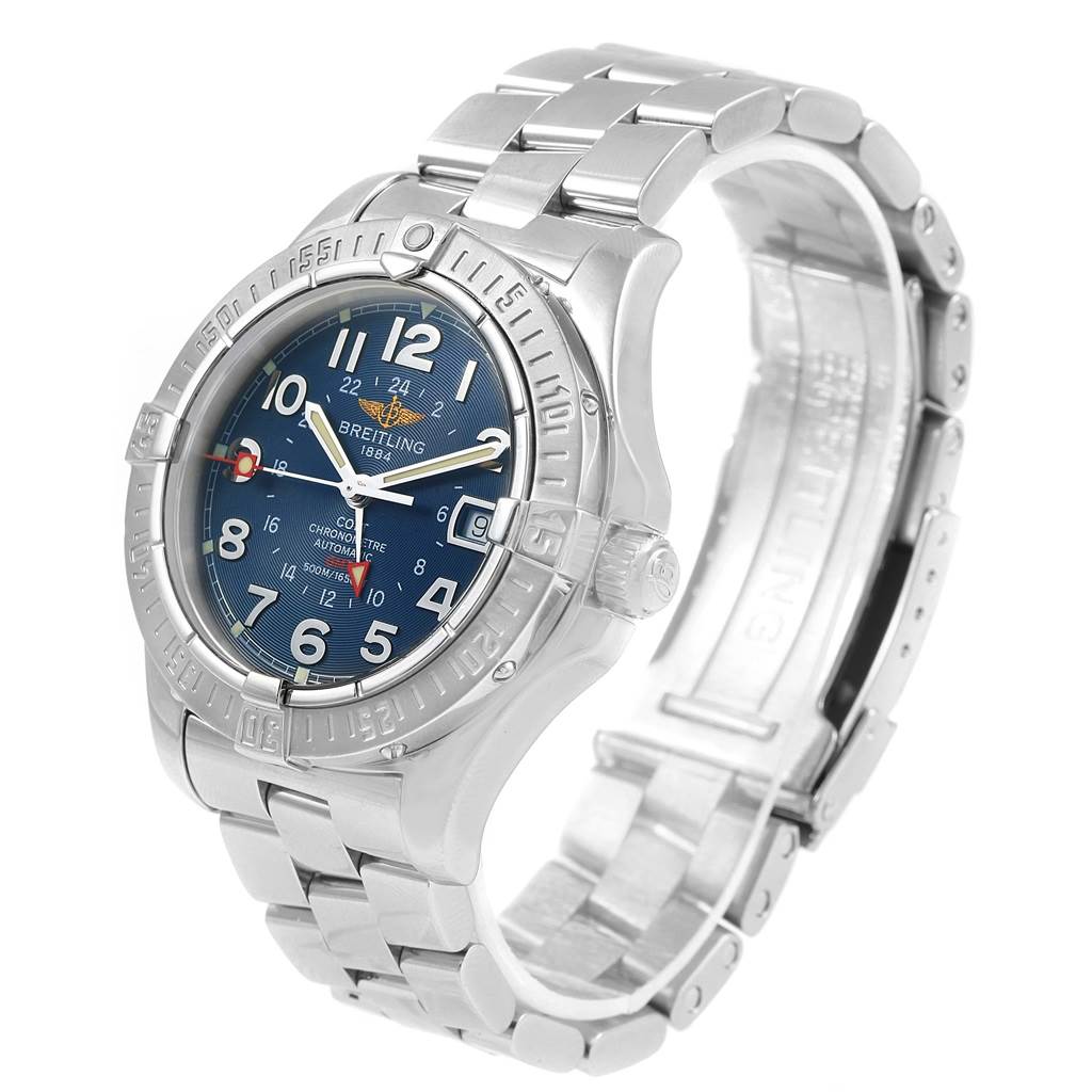 The Breitling Colt A32350 Men's Stainless Steel Blue Dial A32350 Men's Stainless Steel Blue Dial watch is shown at an angled view highlighting its dial, bezel, crown, and partially open metal bracelet.