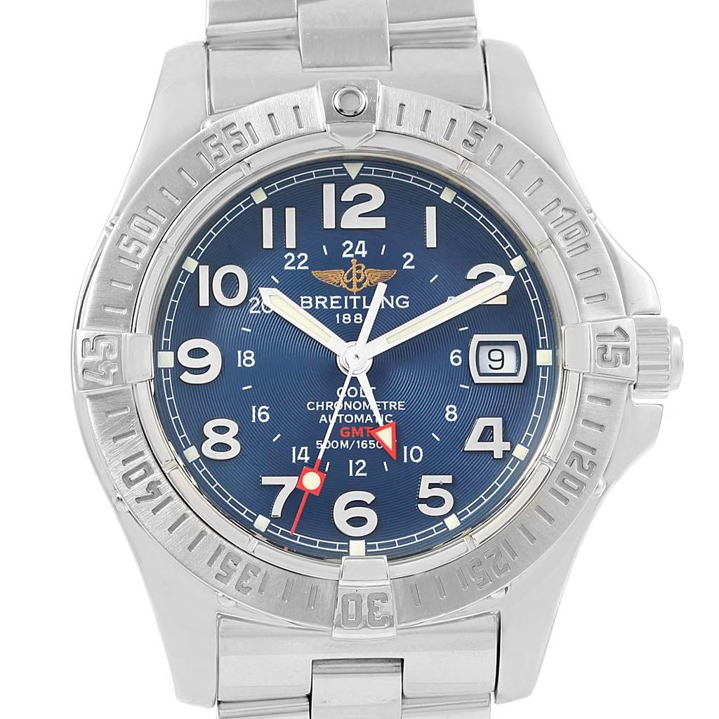 The Breitling Colt A32350 Men's Stainless Steel Blue Dial A32350 Men's Stainless Steel Blue Dial watch is shown from a top-down angle, highlighting the dial, bezel, and part of the bracelet.