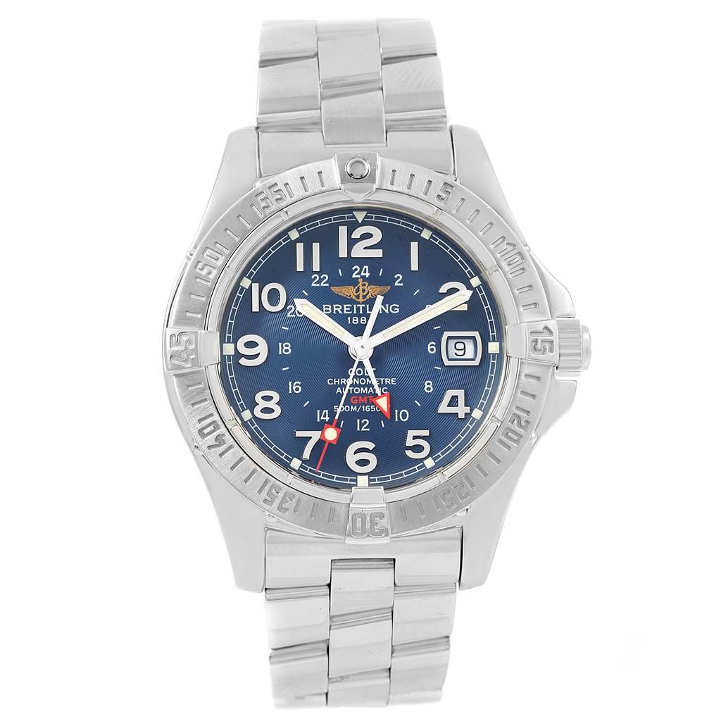 The image shows a front view of the Breitling Colt A32350 Men's Stainless Steel Blue Dial A32350 Men's Stainless Steel Blue Dial watch, featuring its face, bezel, and metal bracelet.