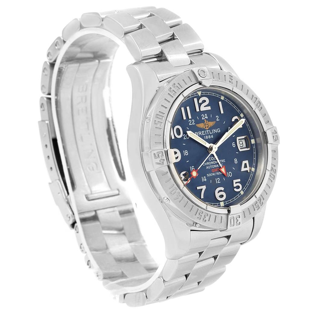 The image shows a Breitling Colt A32350 Men's Stainless Steel Blue Dial A32350 Men's Stainless Steel Blue Dial model watch with a silver-tone stainless steel bracelet and a blue dial, viewed at a slight angle.