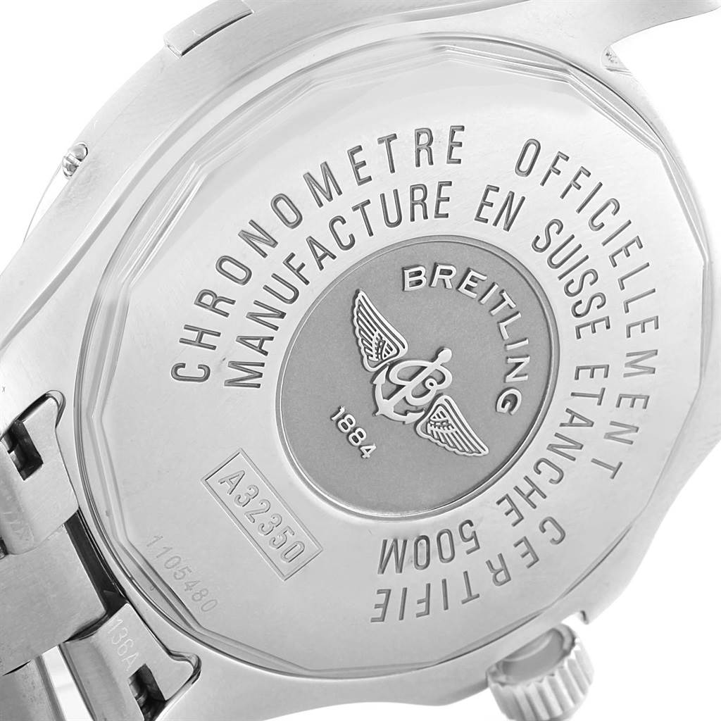 This image shows the back case of a Breitling Colt A32350 Men's Stainless Steel Blue Dial A32350 Men's Stainless Steel Blue Dial watch, displaying branding and engravings.