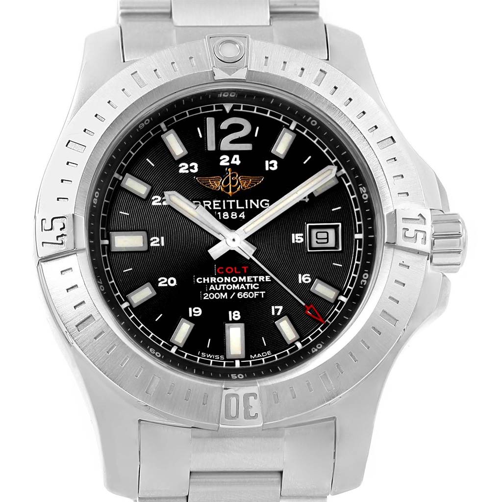 The image shows a frontal view of a Breitling Colt A17388 Men's Stainless Steel Black Dial A17388 Men's Stainless Steel Black Dial watch, displaying its face, bezel, and part of the metal bracelet.