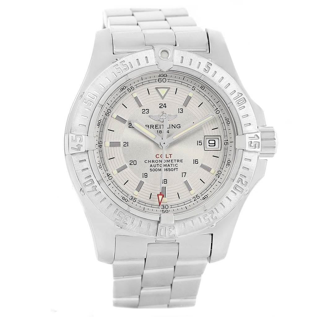 This image shows a front view of the Breitling Colt A17380 Men's Stainless Steel Silver Dial A17380 Men's Stainless Steel Silver Dial watch, displaying its dial, bezel, case, and bracelet fully.